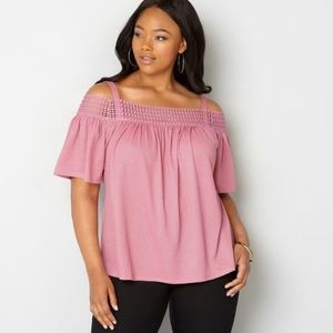Avenue Pink Crochet Detail Cold Shoulder Top 3X